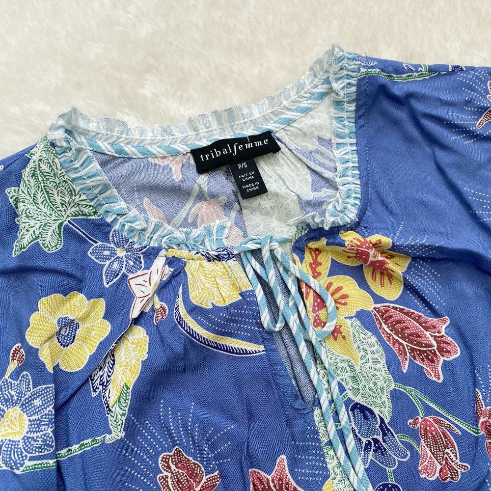 Tribal Femme Casual Dress, Boho, 3/4 Sleeve, Floral Print, Blue, Petite Small - Picture 6 of 8